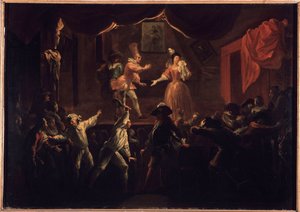 Beklagelige succeser med dette stykke. En af palmespillerne, hvis tøj havde været derobe, giver en stor ketcher til La Rapiniere. Maleri, der illustrerer "The Comic Roman" af Paul Scarron (1610-1660). Olie på lærred af Jean-Baptiste (Jean Baptiste) Coulom 