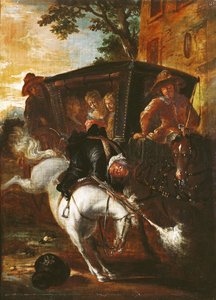 Med en musket på ryggen klatrer Ragotin op på sin hest for at ledsage truppen, fra 