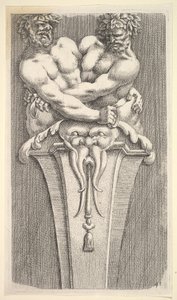 Design til en periode med to bacchiske figurer, fra: Curieuses Recherches de Several Beaus..., 1645. af Jean le Pautre