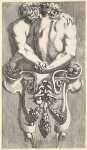Design til en periode med to omfavnende satyrer, fra: Curieuses Recherches de Several Beaus..., 1645. af Jean le Pautre