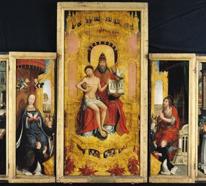 Polyptykon om forherligelsen af den hellige treenighed, centralt panel, der viser treenigheden, jomfruen og Johannes Døberen, ca. 1509-16