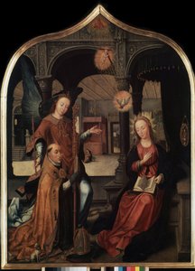 ""repræsentation af bebudelsen med skytshelgen Guillaume af Bruxelles"" Centralpanel i bebudelsens triptykon (Bebudelsen). Maleri på træ af Jean Bellegambe den ældre (1470-1534) Sankt Petersborg, Eremitagemuseet