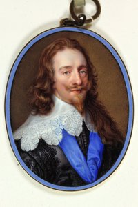Kong Charles I i lilla sort habit med blondekrave og blåt strømpebånd