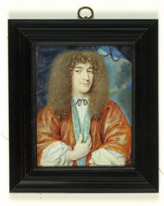 En gentleman i hvid skjorte og orange kjole foret med blå silke, lang lysebrun paryk (akvarel på vellum) af Jean the Younger (attr.to) Petitot
