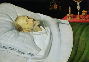 Antoine de Henin, biskop af Ypres, på sit dødsleje (panel) af Jean the Younger Bellegambe