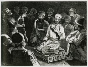 Den persiske historiefortæller omgiver sit publikum. Gravering af den rejsende forfatter, til illustration af historien "Persien, Kaldæa og Susiane" af Jeanne Dieulafoy