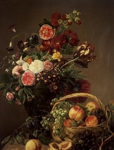 Stilleben med blomster og frugter i en kurv