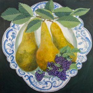 Pærer på en tallerken, 2018 (akryl på lærred) af Jennifer Abbott