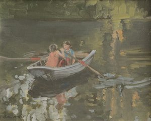 Salcombe Children Rowing (olie på lærred) af Jennifer Wright