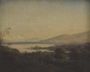 Udsigt over søen Leman mod Mont Blanc og Genève af Jens Juel