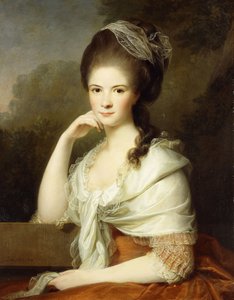 Portræt af en dame, siddende i halv længde, iført en brun kjole og et hvidt sjal, 1778 af Jens Juel
