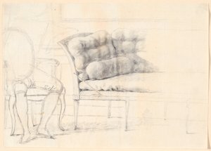 Studie til det Holmskioldske familiebillede fra 1787: den polstrede sofa, og til venstre en stol med Holmskiolds figur skitseret af Jens Juel
