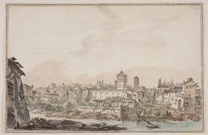 Byprospekt med huse og kirke ved flod. Antikkens Rom af Jens Petersen Lund