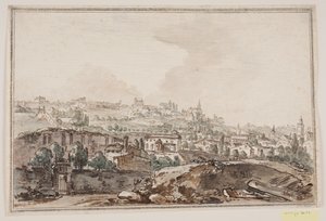 Byprospekt med huse og mur ved flod; i baggrunden kirker og paladser af Jens Petersen Lund