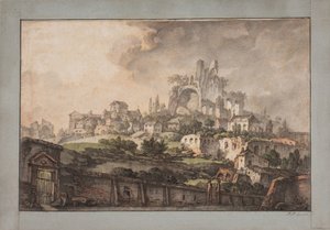 Romersk prospekt med mur i forgrunden, kirke og ruin i baggrunden