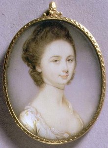 Portrætminiature af en dame i hvid kjole, ca.1780-85 (akvarel på elfenben) af Jeremiah Meyer