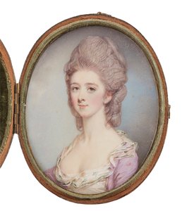 Portrætminiature af en dame (akvarel og farve på elfenben) af Jeremiah Meyer
