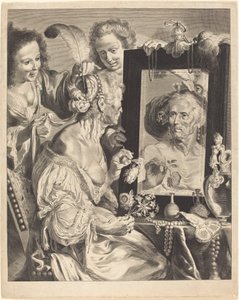 En gammel kvinde ved toiletbordet af Jeremias Falck after Johann Liss after Bernardo Strozzi