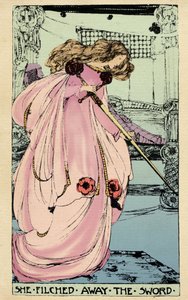 Fairy Morgane stjæler Excalibur, så hans elsker kan bruge den mod kong Arthur. Illustration af Jessie Marion King (1875-1949) til bogen "" The High History of the Holy Grail af Perceval the Welsh, ridder af det runde bord" af Sebastian Evans (1830)