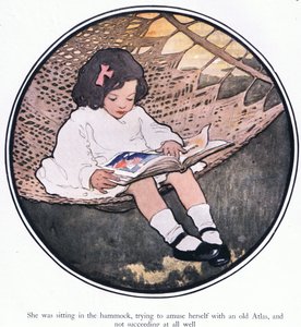 Hun sad i hængekøjen og prøvede at more sig med et gammelt atlas og det lykkedes slet ikke (farve litho) af Jessie Willcox Smith