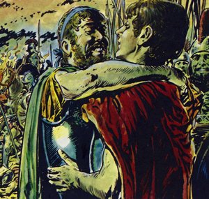 Alexander gik sammen med sin far i kamp mod grækerne (farvelitografi) af Jesus Blasco