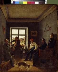 Klokken syv om aftenen (litterær aften). Maleri af Evgraf Fyodorovich Krendovski (1810-efter 1853), olie på lærred, ca. 1820. Russisk kunst af Jevgraf Fiodorovitch Krendovsky