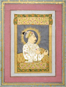 Portræt af Muhammad Shah, der holder en smaragd og mundstykket af en Huqqa, ca. 1730 blæk med wc og guld på papir af Jharokha Nidha Mal
