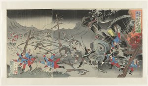 Ødelæggelse af jernbanen i Manchuriet under den russisk-japanske krig Nichiro Shiberia tetsudô Manshûsen hakai no zu (titel på objekt) af Jinsai Rosetsu