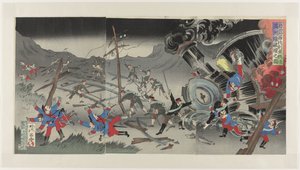 Ødelæggelse af jernbanen i Manchuriet under den russisk-japanske krig Nichiro Shiberia tetsudô Manshûsen hakai no zu (titel på objekt) af Jinsai Rosetsu