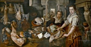 Spansk:  Cristo en casa de Marta y María Kristus hjemme hos Martha og Maria af Joachim Beuckelaer