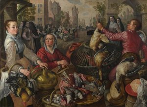 De fire elementer: luft. Et fjerkræmarked med den fortabte søn i baggrunden, 1569 af Joachim Beuckelaer