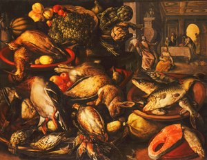 Vildt, fisk, frugt og grøntsager i kurve og skåle i et spisekammer, 1569 af Joachim Beuckelaer