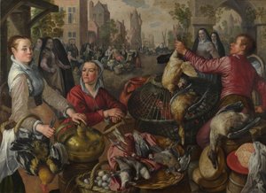 De fire elementer: En fjerkræbod i en by med den fortabte søn hinsides - en allegori om luft, 1569 af Joachim Beuckelaer