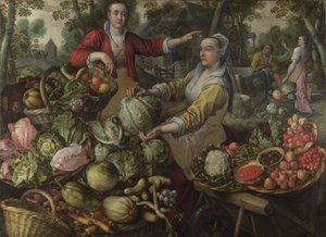 De fire elementer: Jorden. Et frugt- og grøntsagermarked med flugten til Egypten i baggrunden - af Beuckelaer (Beuckelaer), Joachim (1533-1574) - 1569 National Gallery, London af Joachim Beuckelaer