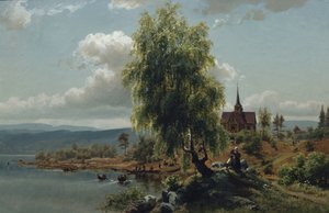 Kirke på fjorden (olie på lærred)
