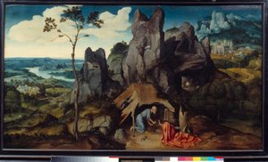 Sankt Hieronymus i ørkenen maleri af Joachim Patinir (1485-1524)