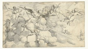 Putti og engel med cartouche af Joachim Wtewael (circle of)