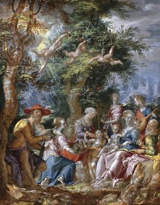 Den hellige familie med hellige og engle af Joachim Wtewael or Utewael
