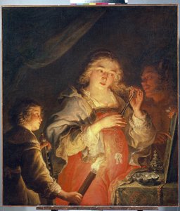 Allegori om forfængelighed. En ung kvinde med lyst hår klipper en hårlok med en saks foran et spejl, der holdes af en mand, et barn tænder hende med en fakkel. Maleri af Joachim von Sandrart (1606-1688), i dag