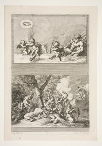 øverste halvdel: En flodgud og Putti leger med berømmelsessymbolerne nederste halvdel: The Punishment of Cupid af Joachim von Sandrart