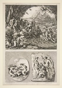 øverste halvdel: Quos Ego? nederste halvdel: To antikke relieffer: De tre skæbner og et ukendt emne af Joachim von Sandrart
