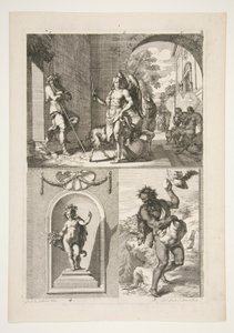 øverste halvdel: Ukendt religiøs Emne nederste halvdel: En statue af en putto i en niche og en statue af en faun i et landskab af Joachim von Sandrart