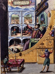 Den danske astronom Tycho Brahe (1546 - 1601) i sit observatorium i Uranienburg - farvestik af Atlas Major Ssive og kosmograferet Blavania labores og sumptibus af Johannis Blaev