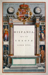 Hispania quae est Europae (Spanien), Bog XVII, titelblad, bind IX, Atlas Maior, af Joan Blaeu (1596-1673), kobberstik, 57,5x39 cm, Amsterdam