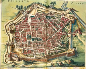 Italien, kort over Pesaro, fra Theatrum civitatum et admirandorum Italiae af Joan Blaeu, stik
