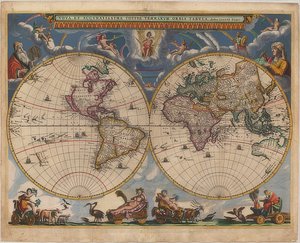 Kort over verden. Dobbelt halvkugle. 1662-64 af Joan Blaeu