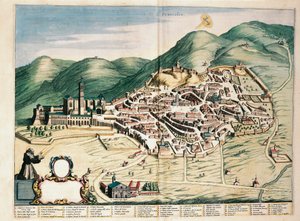 Kort over Assisi fra Theatrum civitatum et admirandorum Italiae, af Joan Blaeu, gravering af Joan Blaeu