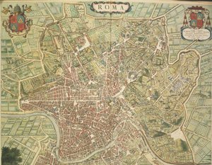Kort over Rom, gravering fra Theatrum civitatum et admirandorum Italiae af Joan Blaeu, trykt i Italien af Joan Blaeu
