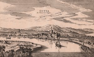 Perspektiv udsigt over Ostia by og havn, Lazio, Italien, kobbergravering, ca 278x173 cm af Joan Blaeu