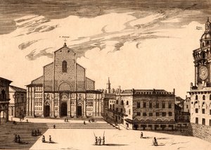 San Petronio-basilikaen på Piazza Maggiore, Bologna, Emilia-Romagna, Italien, kobberstik, ca 21x29 cm af Joan Blaeu